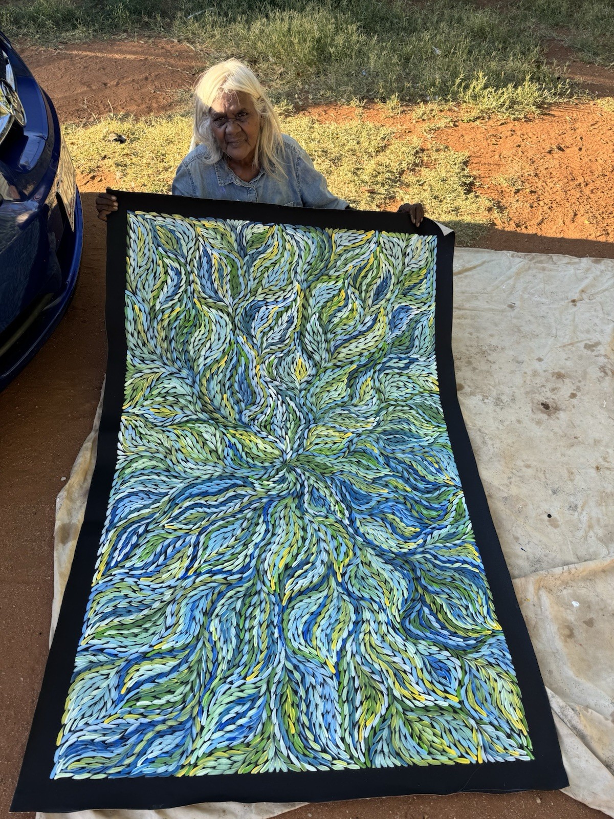 Rosemary Petyarre .Authentic Aboriginal Art. Bush yam flower, Size; 150 x 100cm