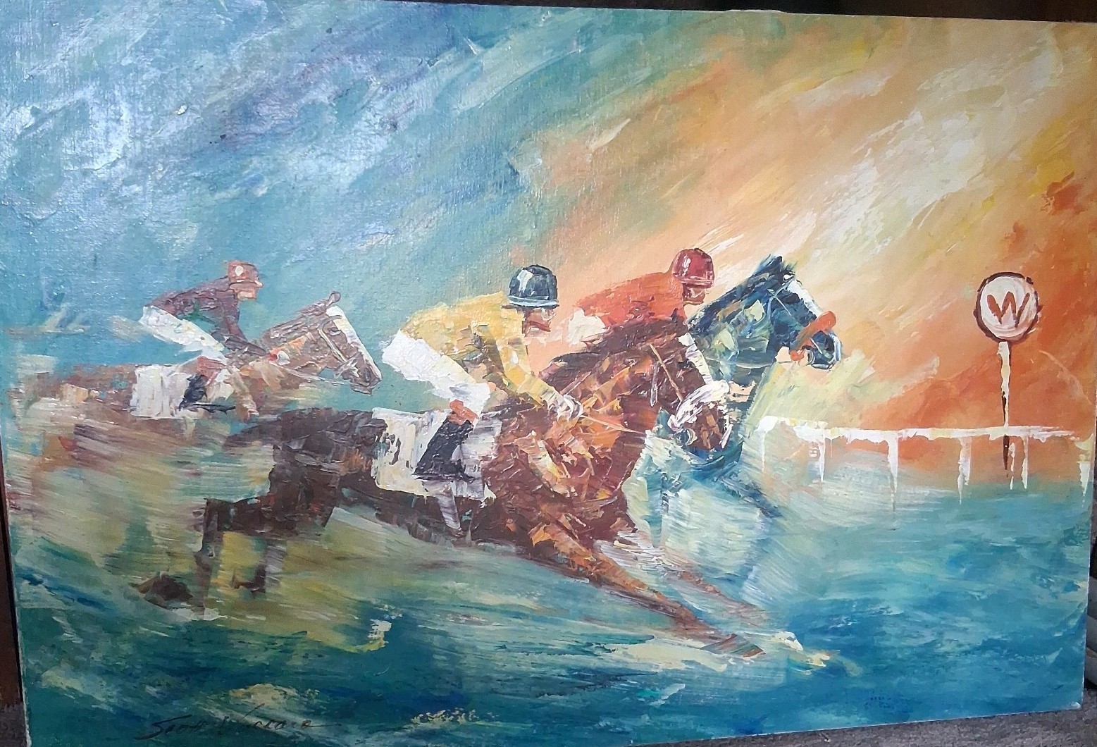 1950’s era Vibrant* Horse Racing Oil Painting -Scott Vaccaro EQUESTRIAN ART.