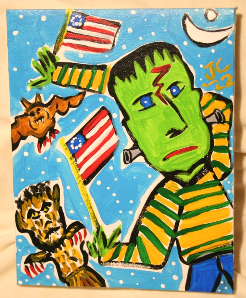 AMERICAN PATRIOT FRANKENSTEIN WEREWOLF BAT OUTSIDER ART JR CHARLIE FAST FOLK POP