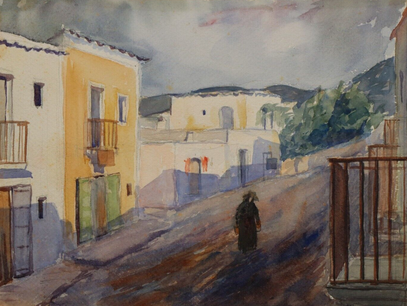 LOLO BRANDENBURG watercolor VILLAGE STREET ST. ANTONIO IN SPAIN around 1930 watercolor