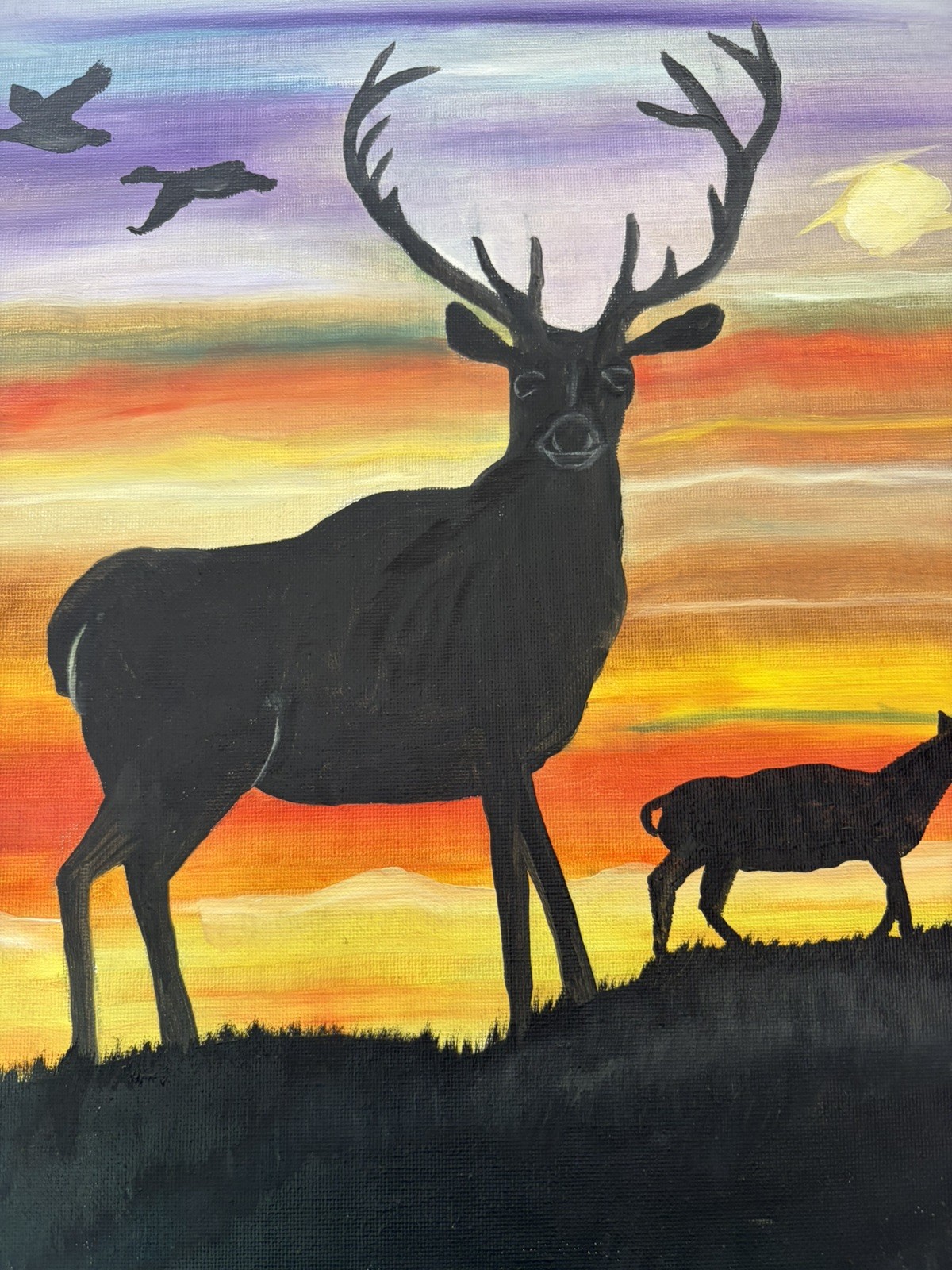 Original oil painting 11 x 14 inches buck deer in silhouette at sunset