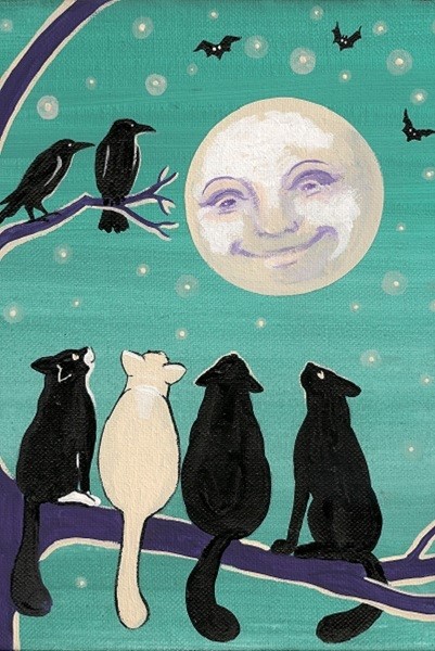 4×6 PRINT OF PAINTING RYTA TUXEDO BLACK CAT FOLK ART CROW HALLOWEEN MOON Magic