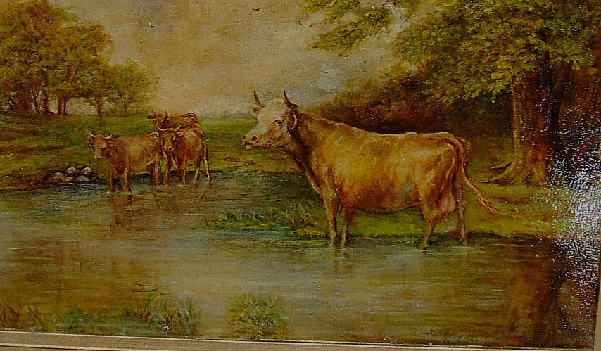 Antique 19th C. Landscape Gathering Watering Cows Oil on Board Gilt Ornate Frame