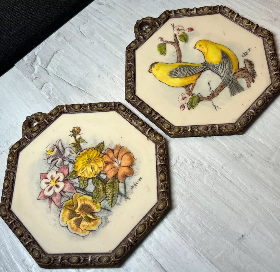 2 VTG Artini Wall Plaques Etched Painted Engraving Canary Birds Wildflowers