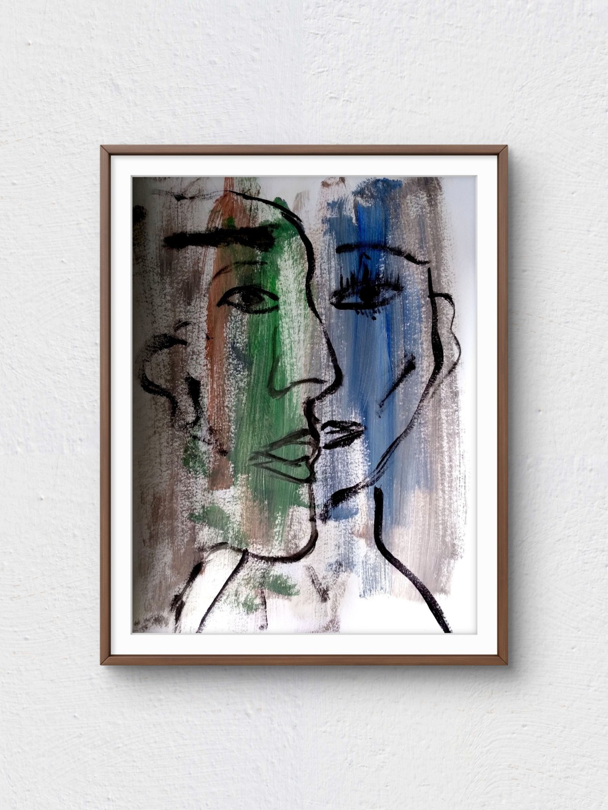 Original Signed 9×12 Abstract Two Faces Acrylic Painting Blues Teal Home Decor