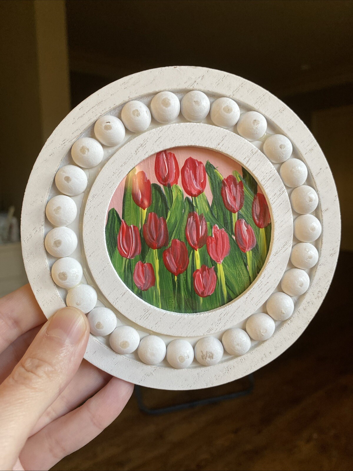 Tulips, Bouquet Framed White original Abstract Flowers,round Miniature Small
