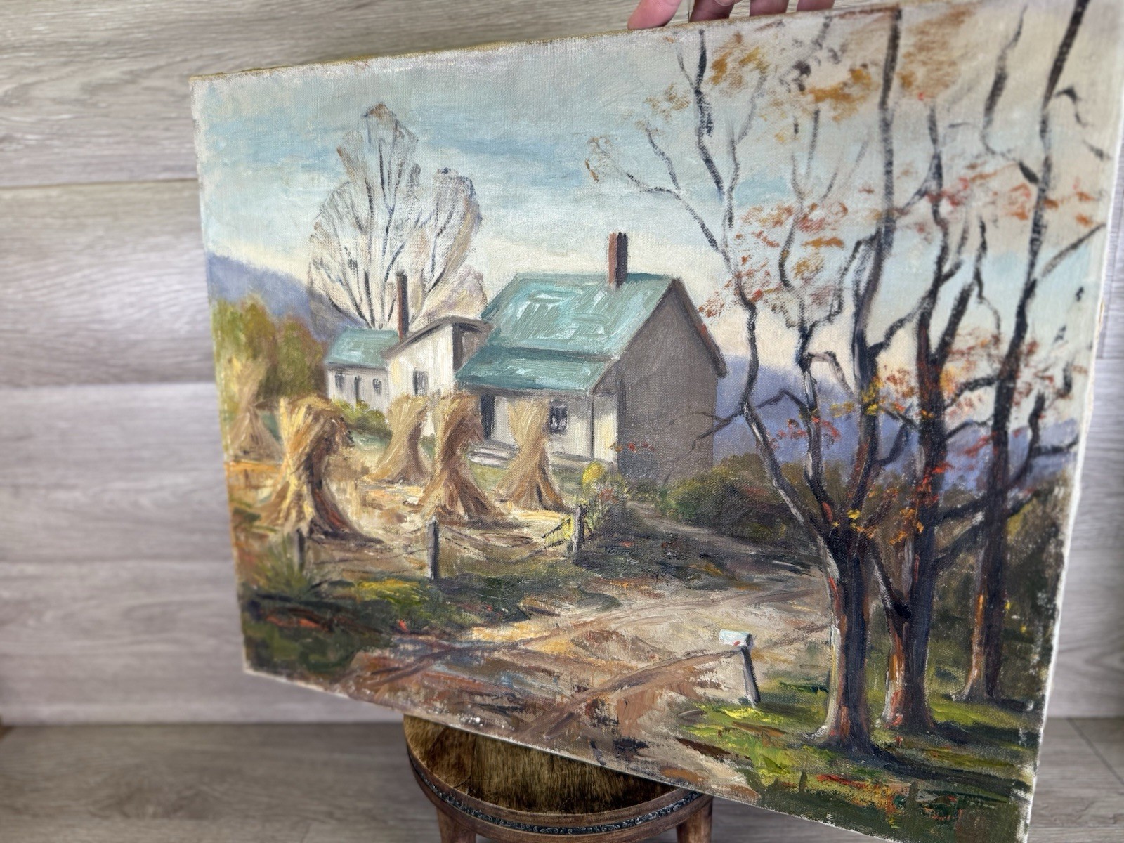 Vintage Colonial Harvest Homestead Landscape Farm Original 16×20