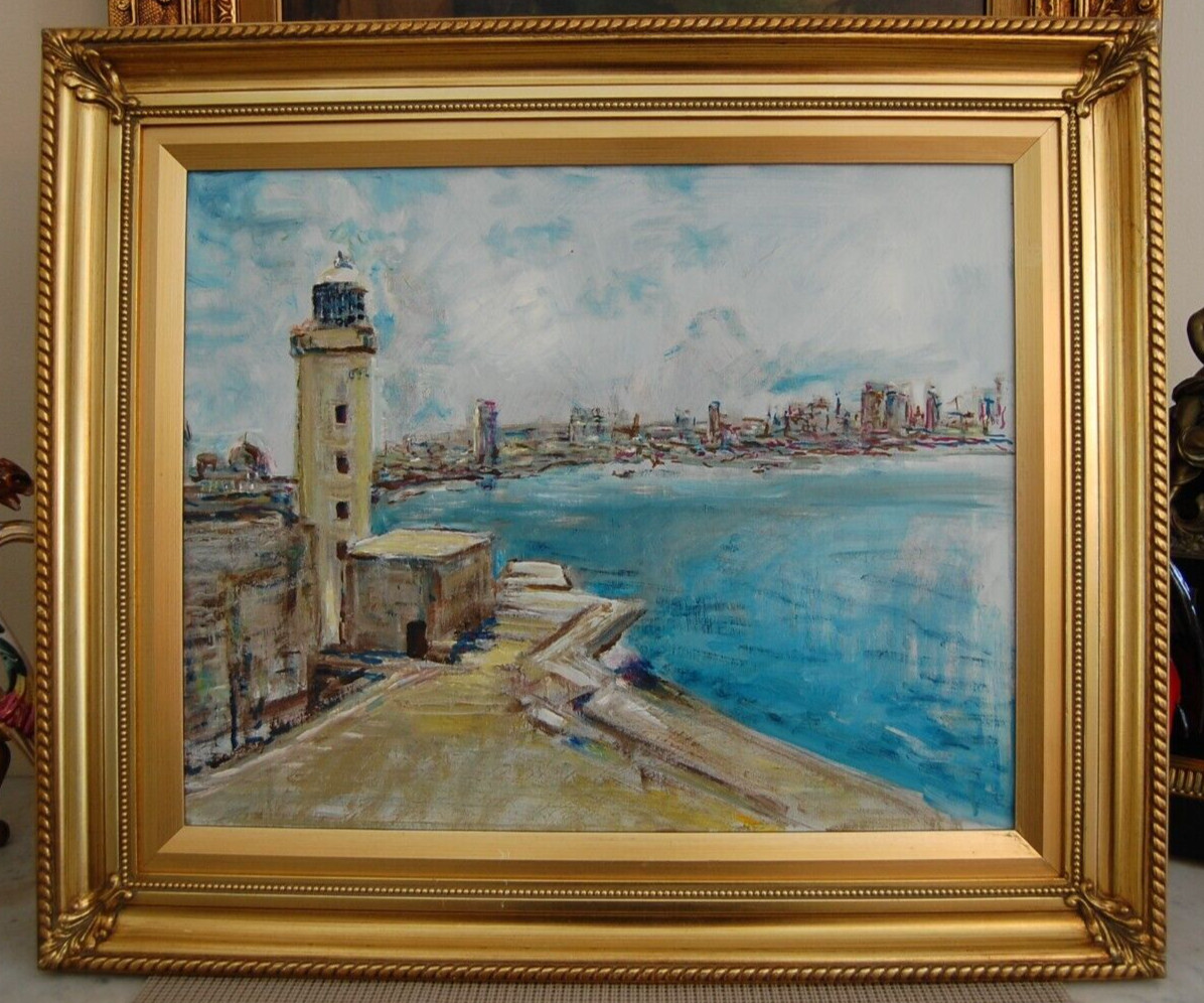 FRAMED ORIGINAL OIL VIEW OF HAVANA & BAY FROM EL MORRO, CUBA ARTIST: HECTO VIDAL