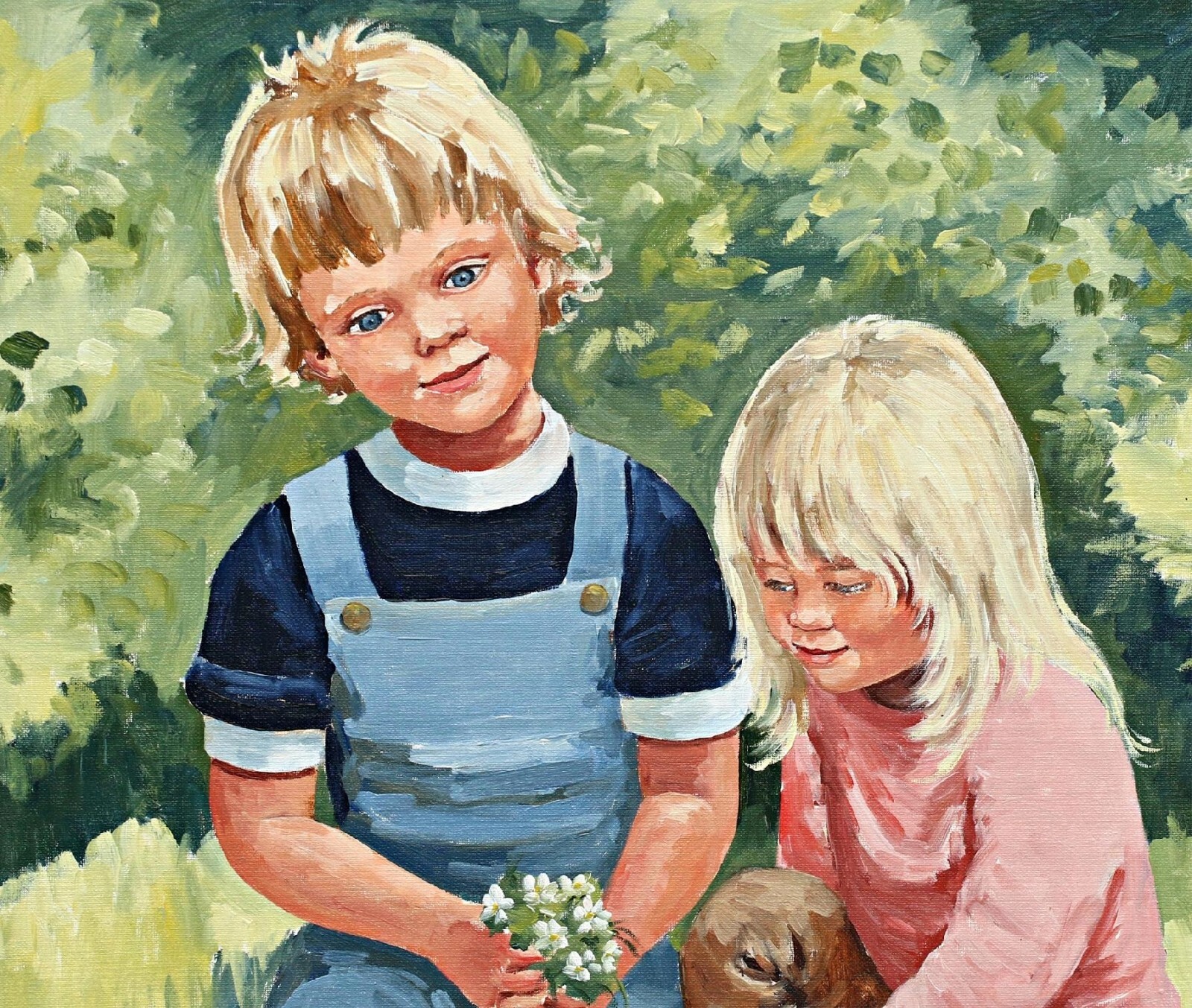 Monica Smetana (1932) – Children With Kittens in Garden Oil Painting Signed