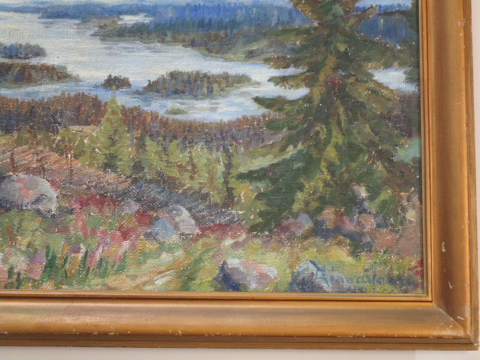 VINTAGE MOUNTAIN RANGE PAINTING IMPRESSIONISM ANTIQUE SIGNED HILL VIEW LAKE