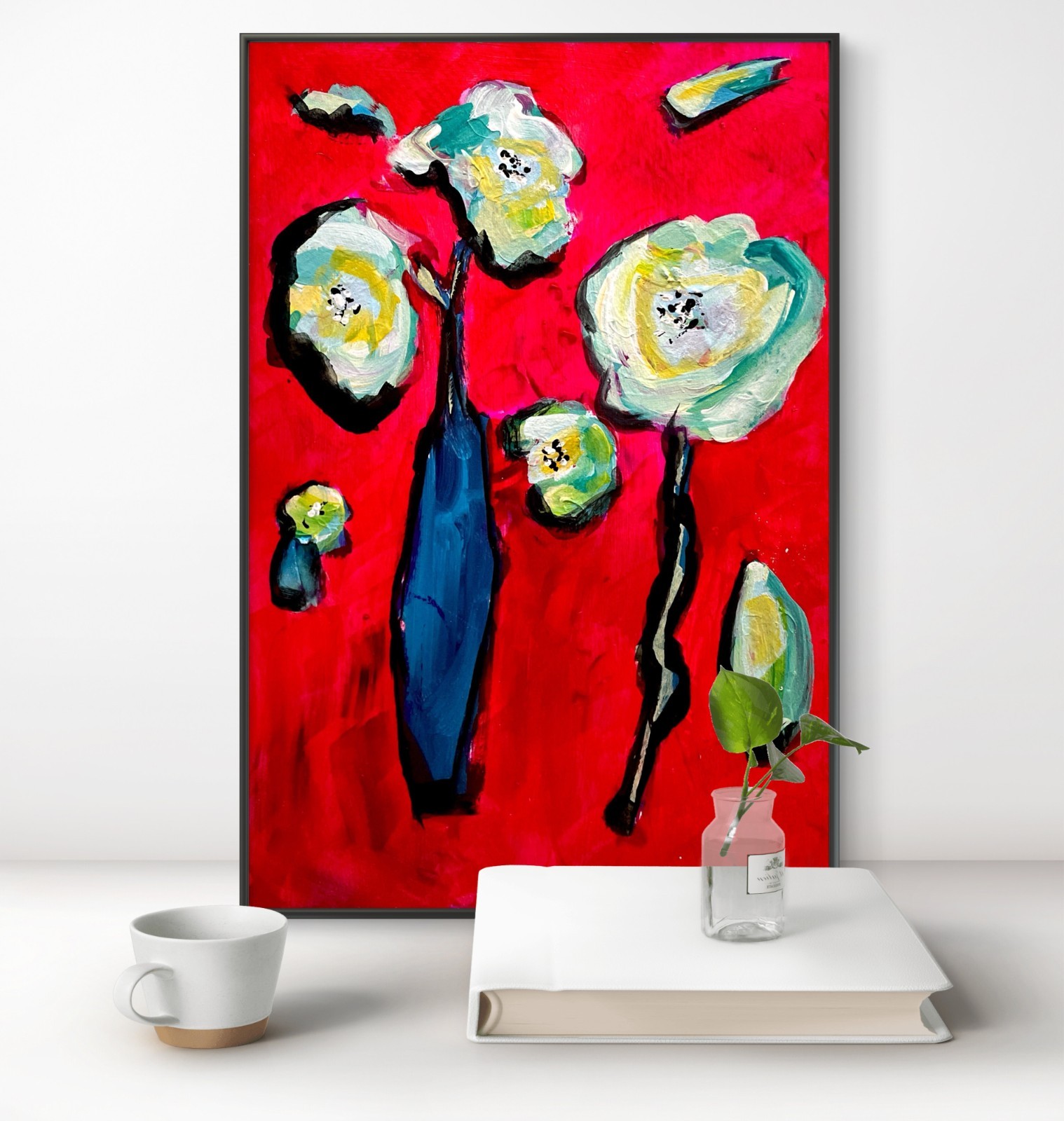 Mary Myers Original Abstract Expressionist Floral Red Acrylic Wood Panel