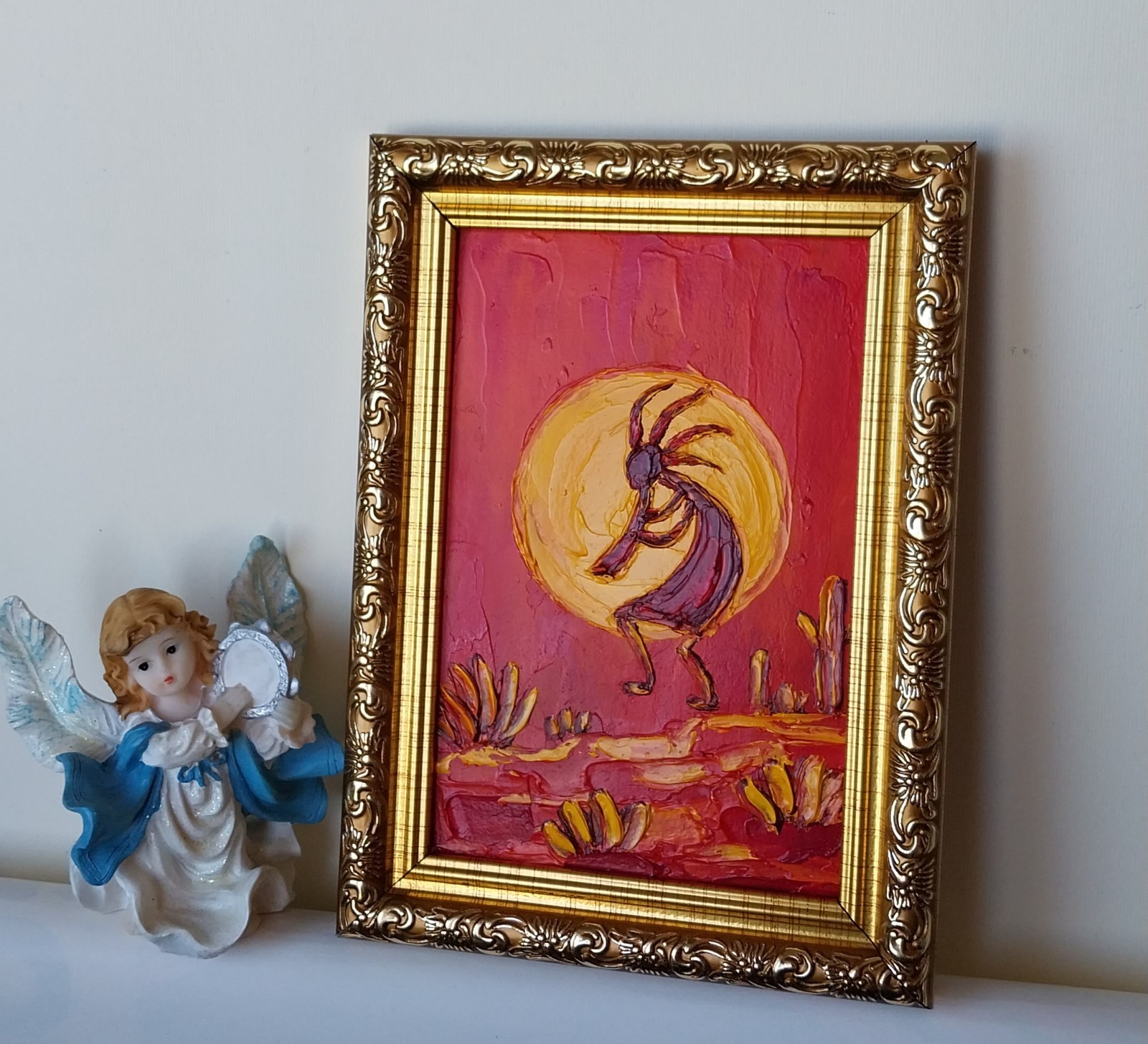 Framed Kokopelli Art Native American Southwest Art 4×6 in Original Oil Painting