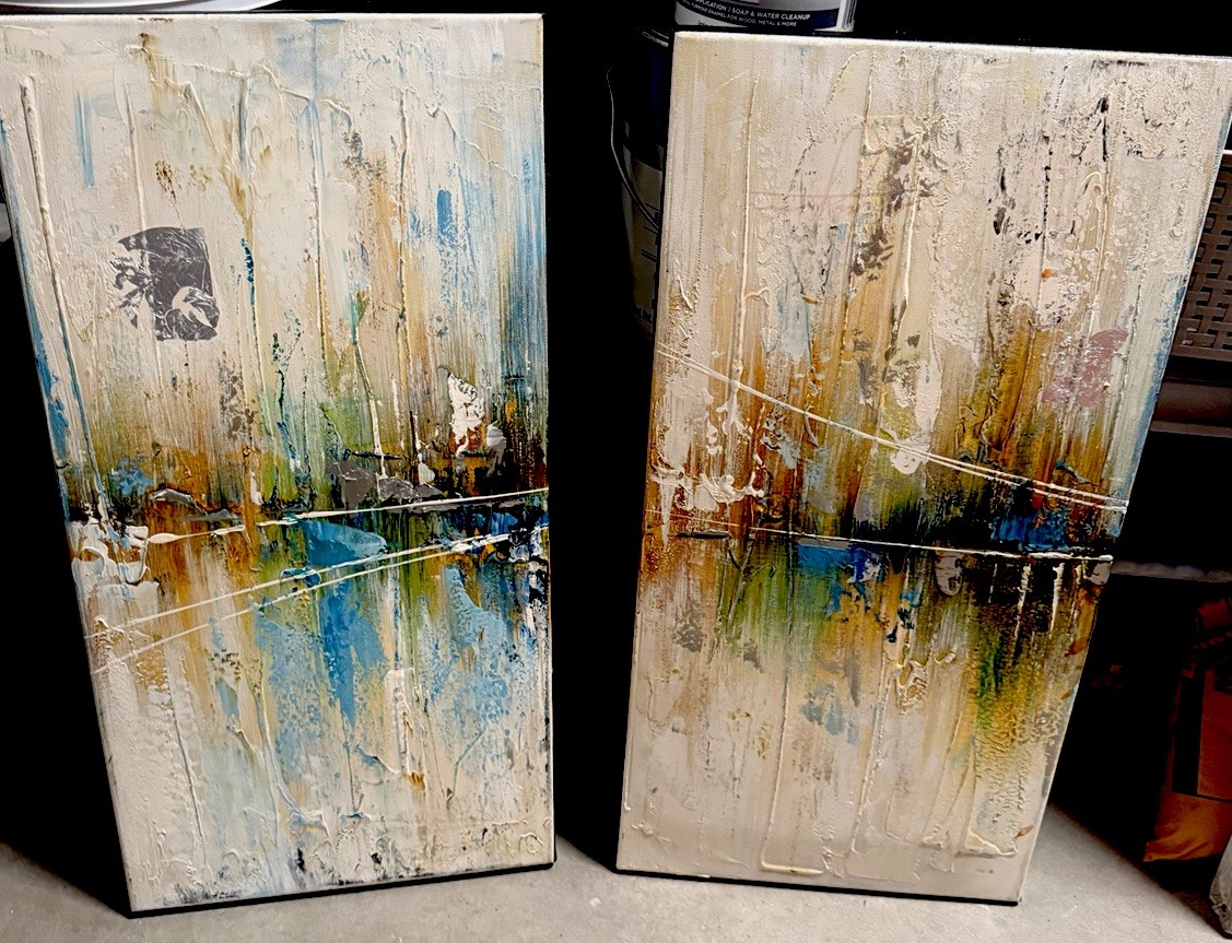 Set of 2 Contemporary Abstract Textured Canvas Wall Art Blue Gold Modern