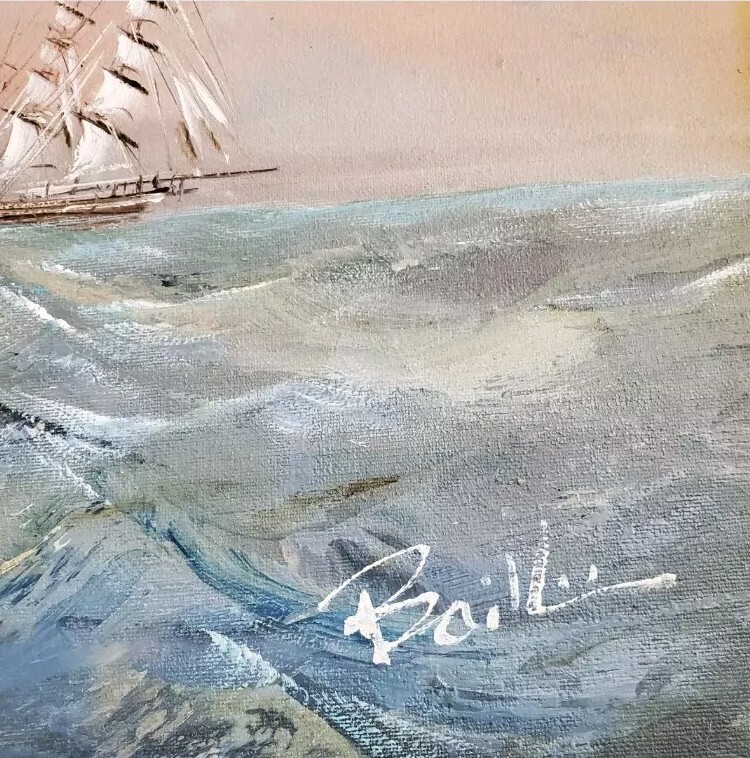 Vintage Signed Baille Seascape Oil Painting Tall Ship Nautical Framed