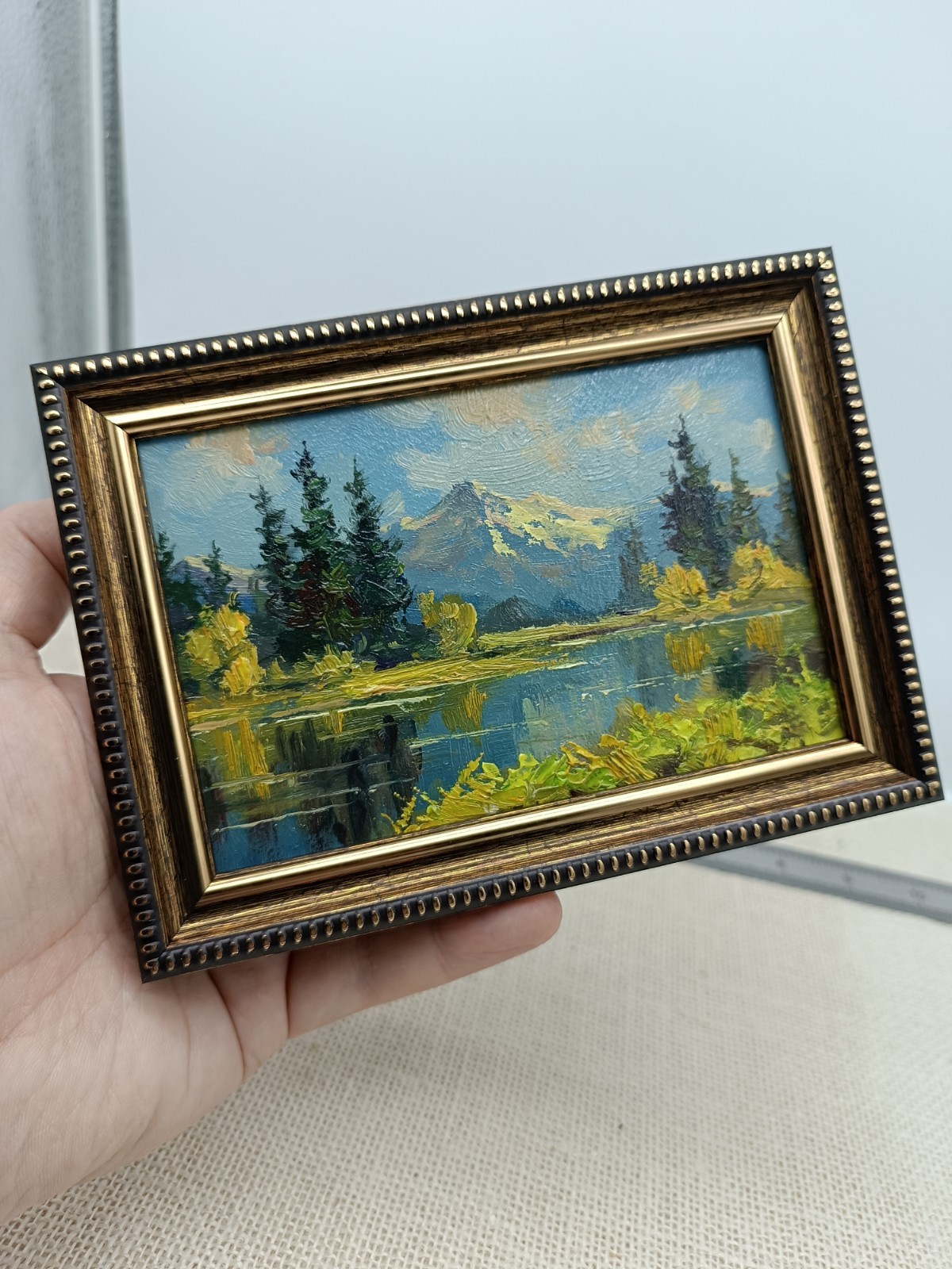 Mountain Lake Original Oil Painting 4×6 Framed Signed Alpine Landscape Forest Ar
