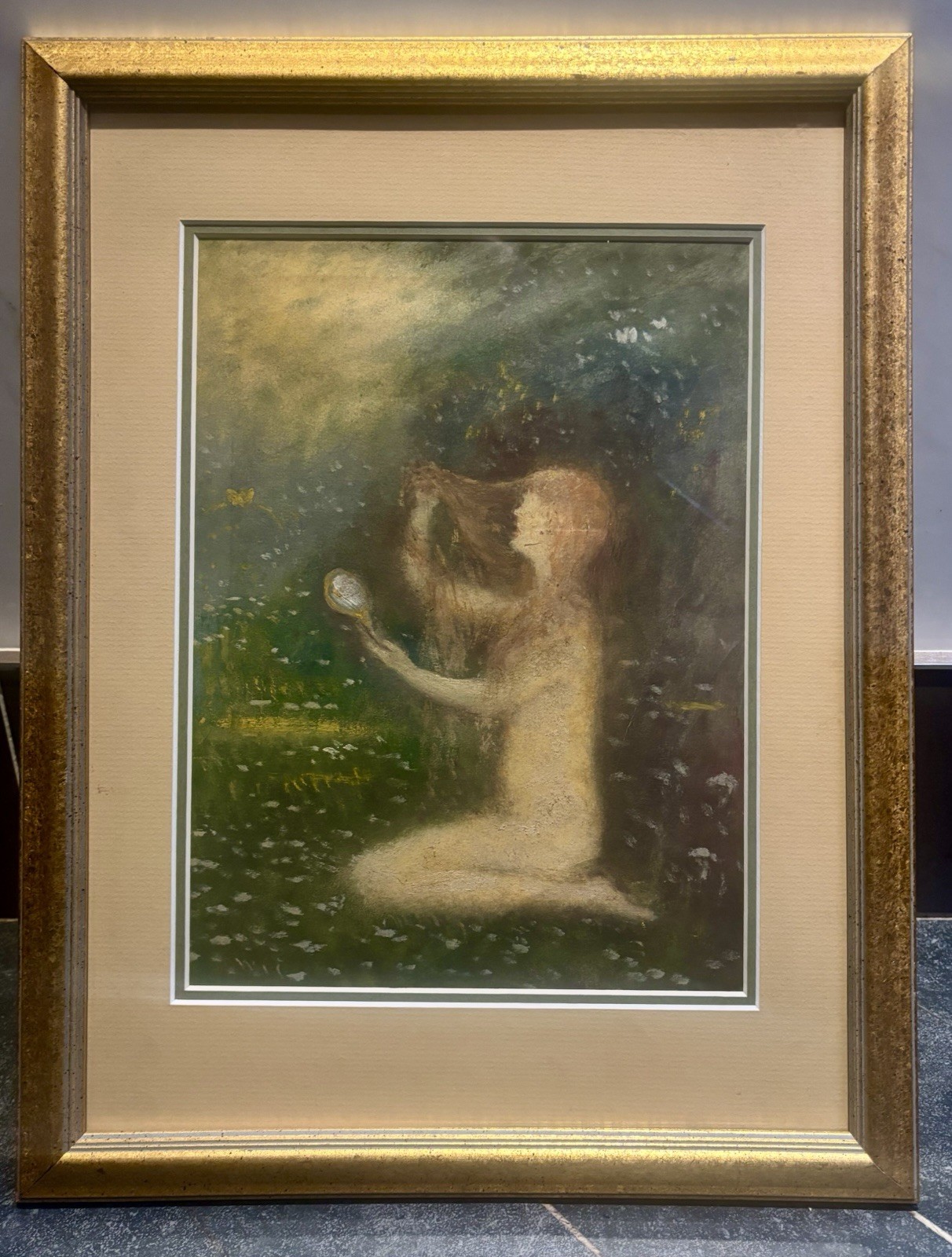 Antique Early 20c Oil Pastel Painting – Attrib: Arthur B Davies – Nouveau Maiden