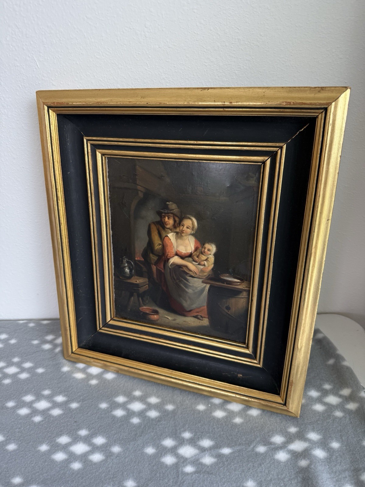 Early 19th Century «family W/Child» Portrait Oil Painting, 15in X13inx2in