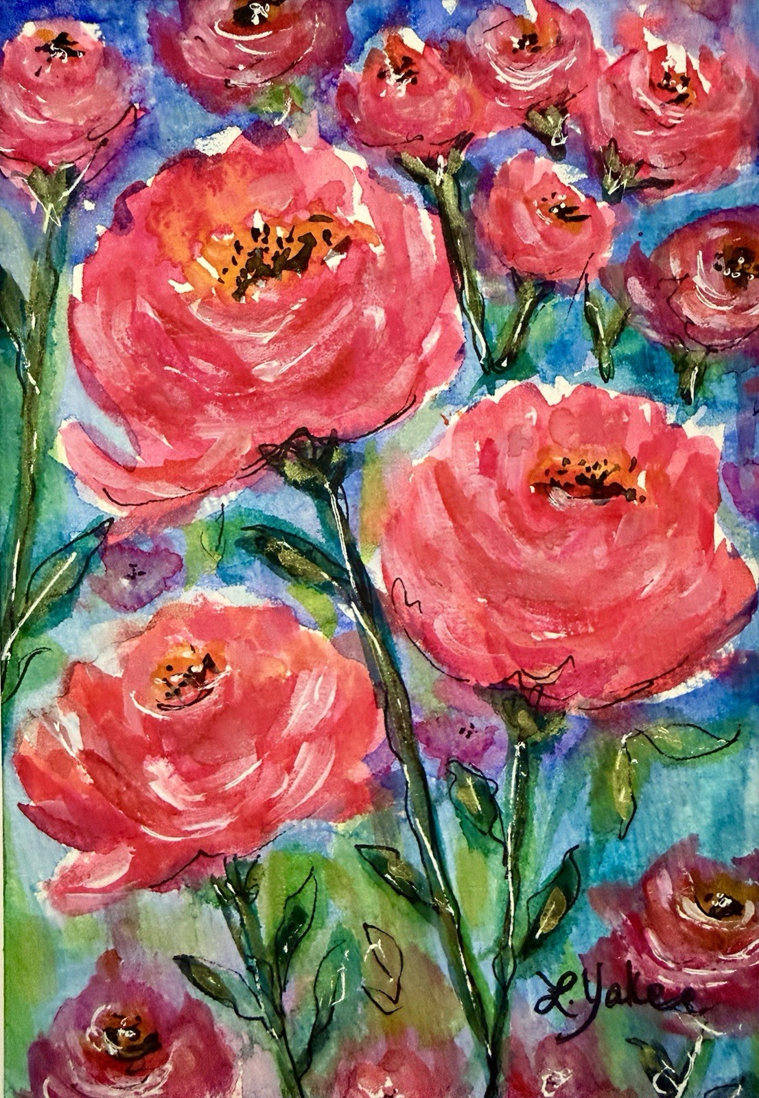 Pink Roses Floral Bouquet Garden Flowers Art Original Painting Linda Yake 8 X 10