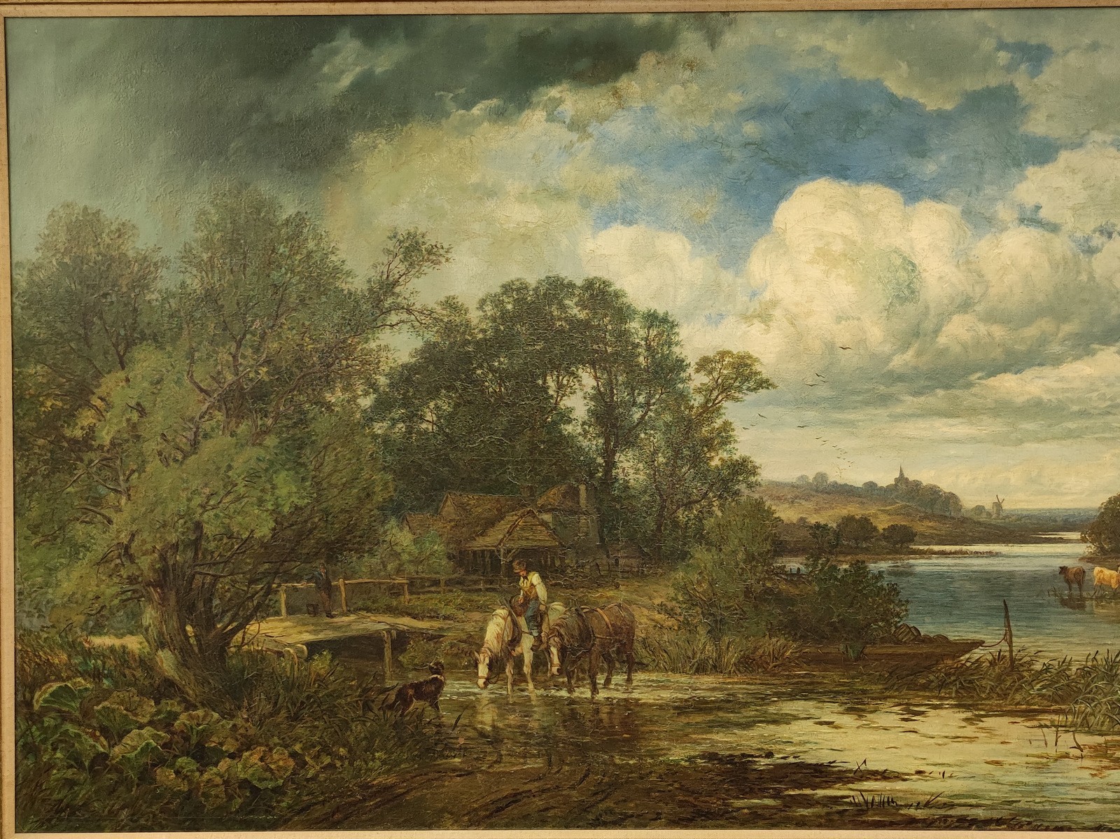 SIGNED 19TH CENTURY LARGE ORIGINAL OIL PAINTING ENGLISH PASTORAL LANDSCAPE
