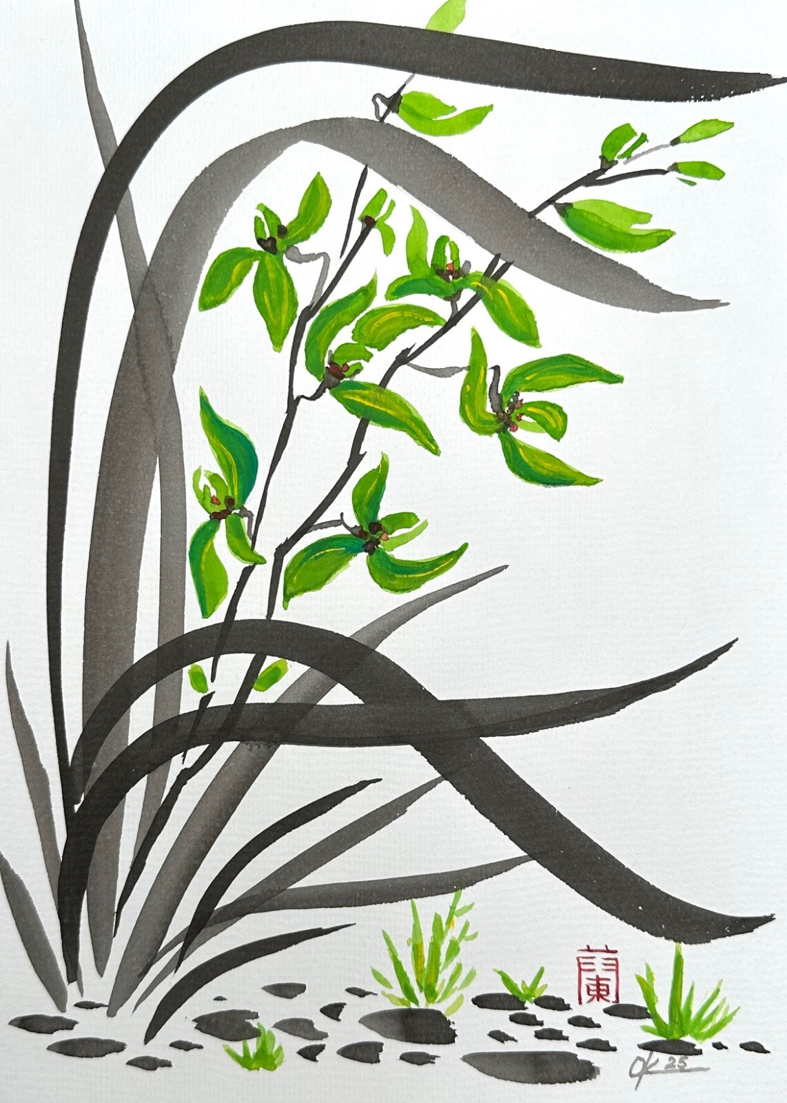 Original paintings Wild Orchid green oriental japanese chinese brush sumi-e A4