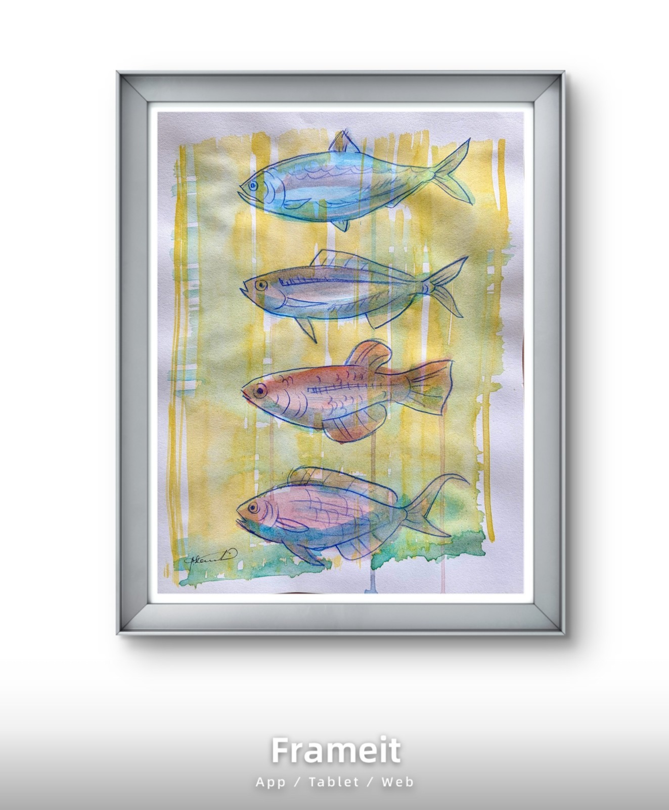 Original Four Fish Yellow Painting By Alannah Dyer- Acrylic 8.5×11 in. Fishing