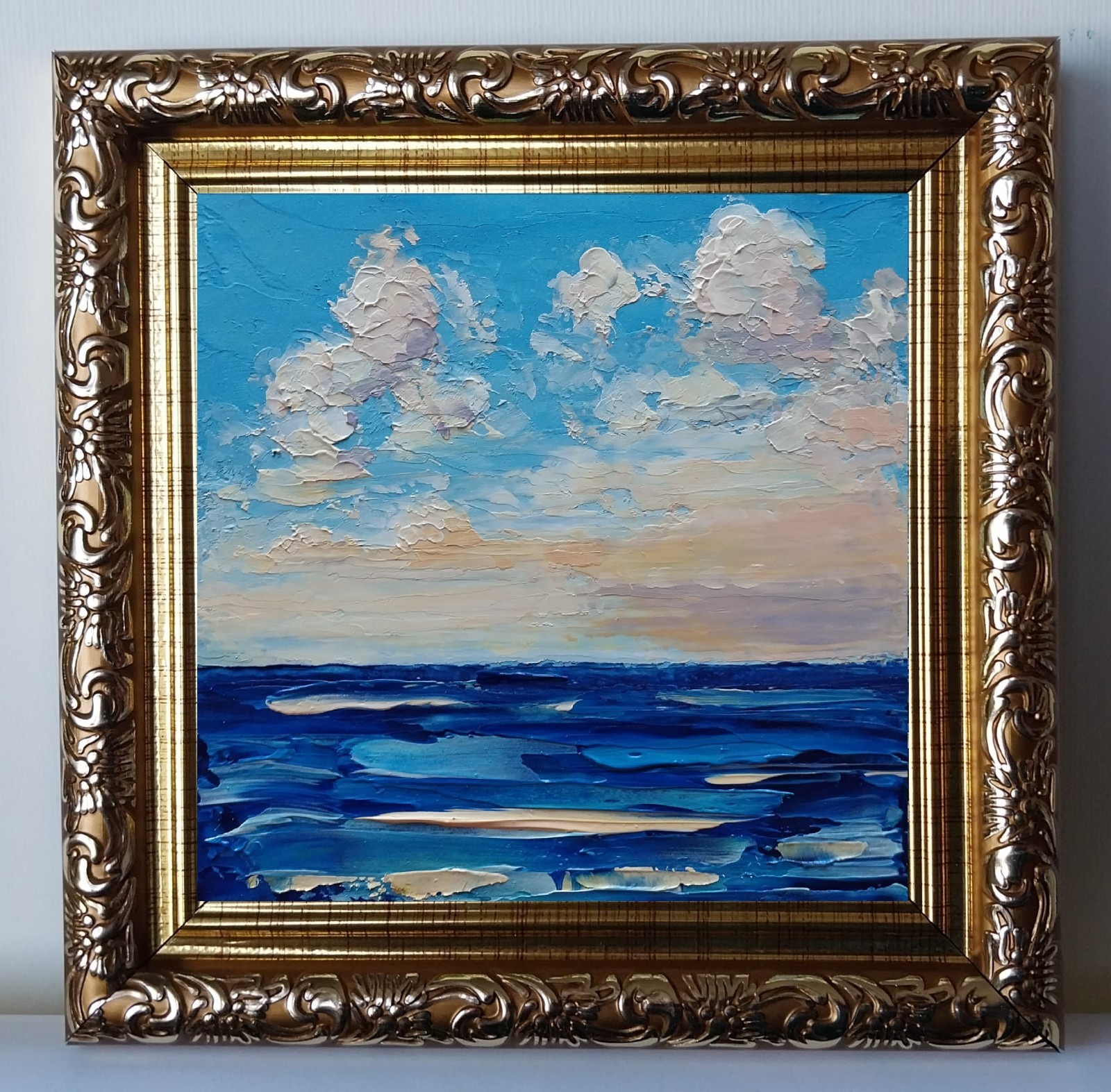 Framed Calm Seascape Sunset Cloudy Sky Pink Clouds 4×4″ Original Oil Painting