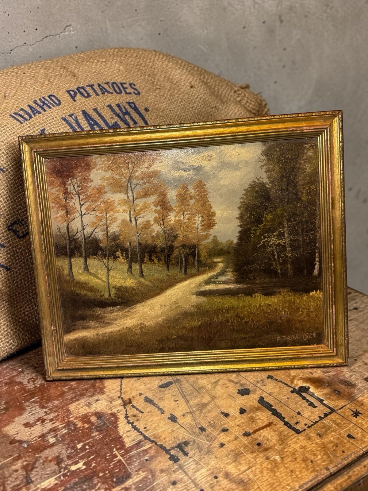 Antique 1924 Oil Landscape Painting Dirt Road In The Forest by D. Doyle 21 X 17