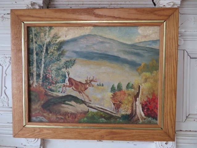 1968 Vintage OIL PAINTING DEER Woods Forest Trees Mountains Scenery in FRAME