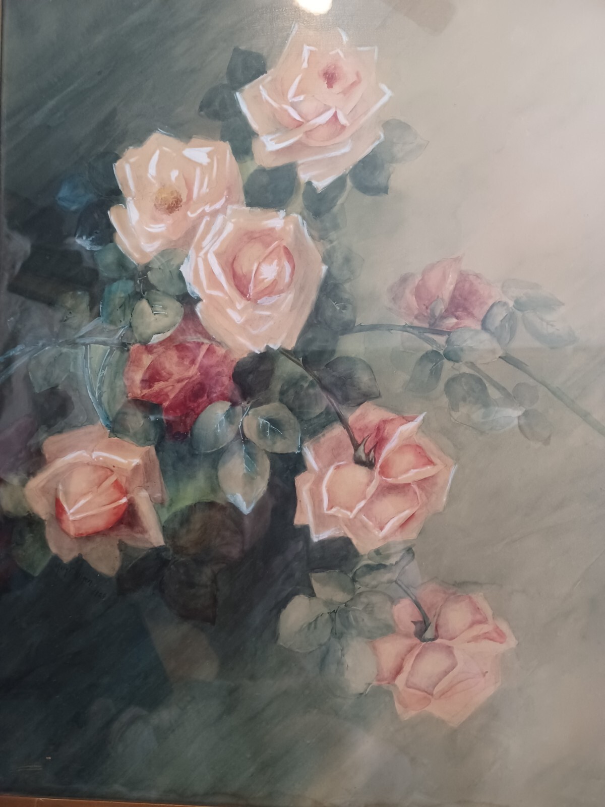 PRETTY ANTIQUE VICTORIAN PINK RED ROSES FLORAL WATERCOLOR LARGE PAINTING