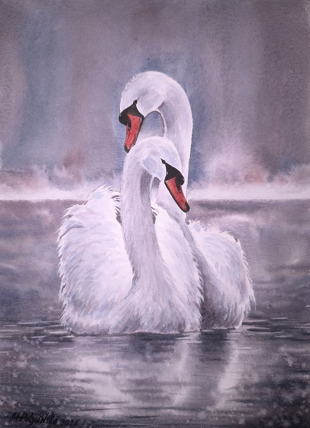 BIRD SNOWY WHITE SWANS LOVE Original Painting Landscape National Park CA Gift A4