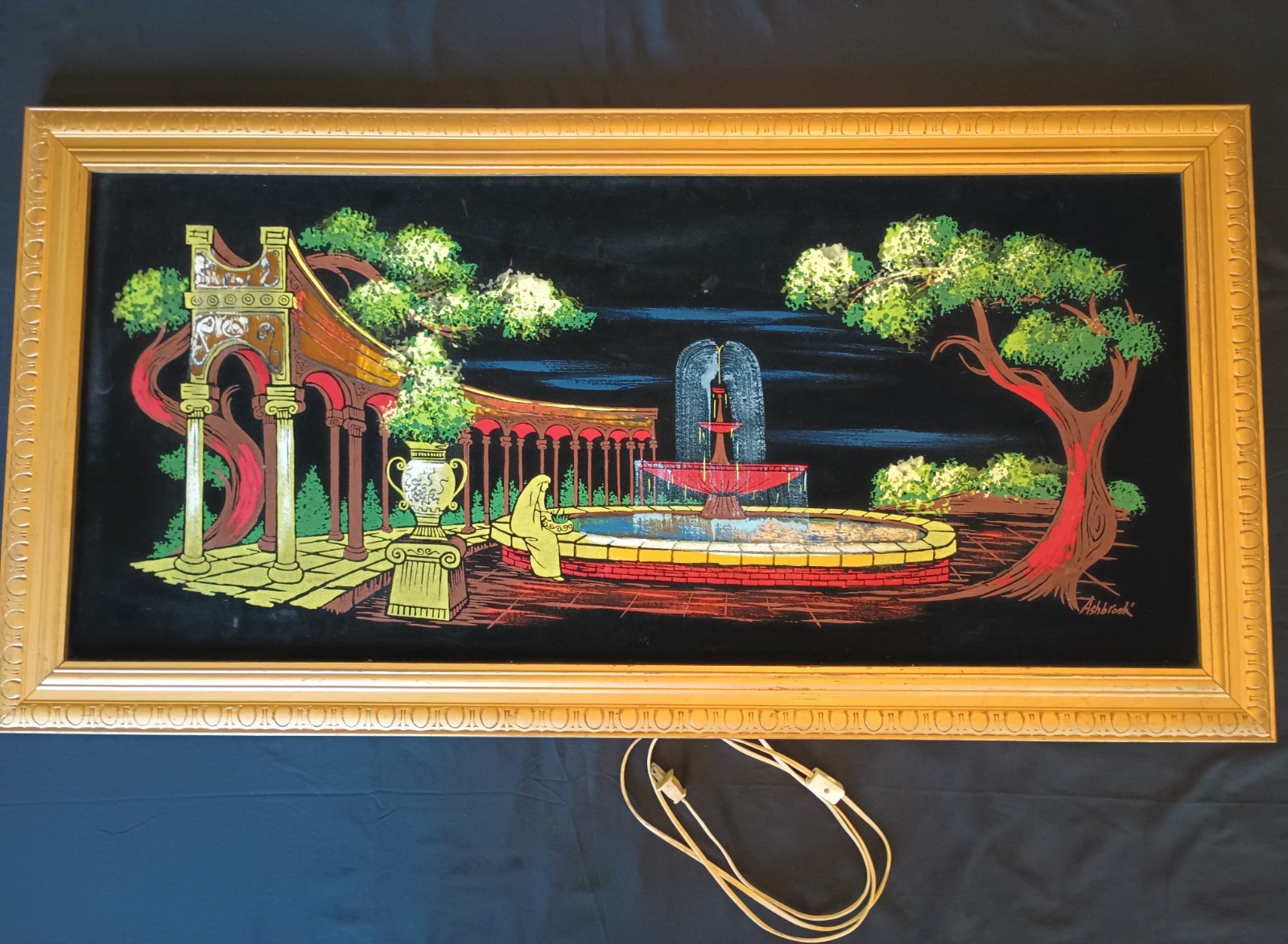 MCM Ashbrook Studios Roman Garden LIGHTED Velvet Oil Painting 23 X 45 Framed VTG