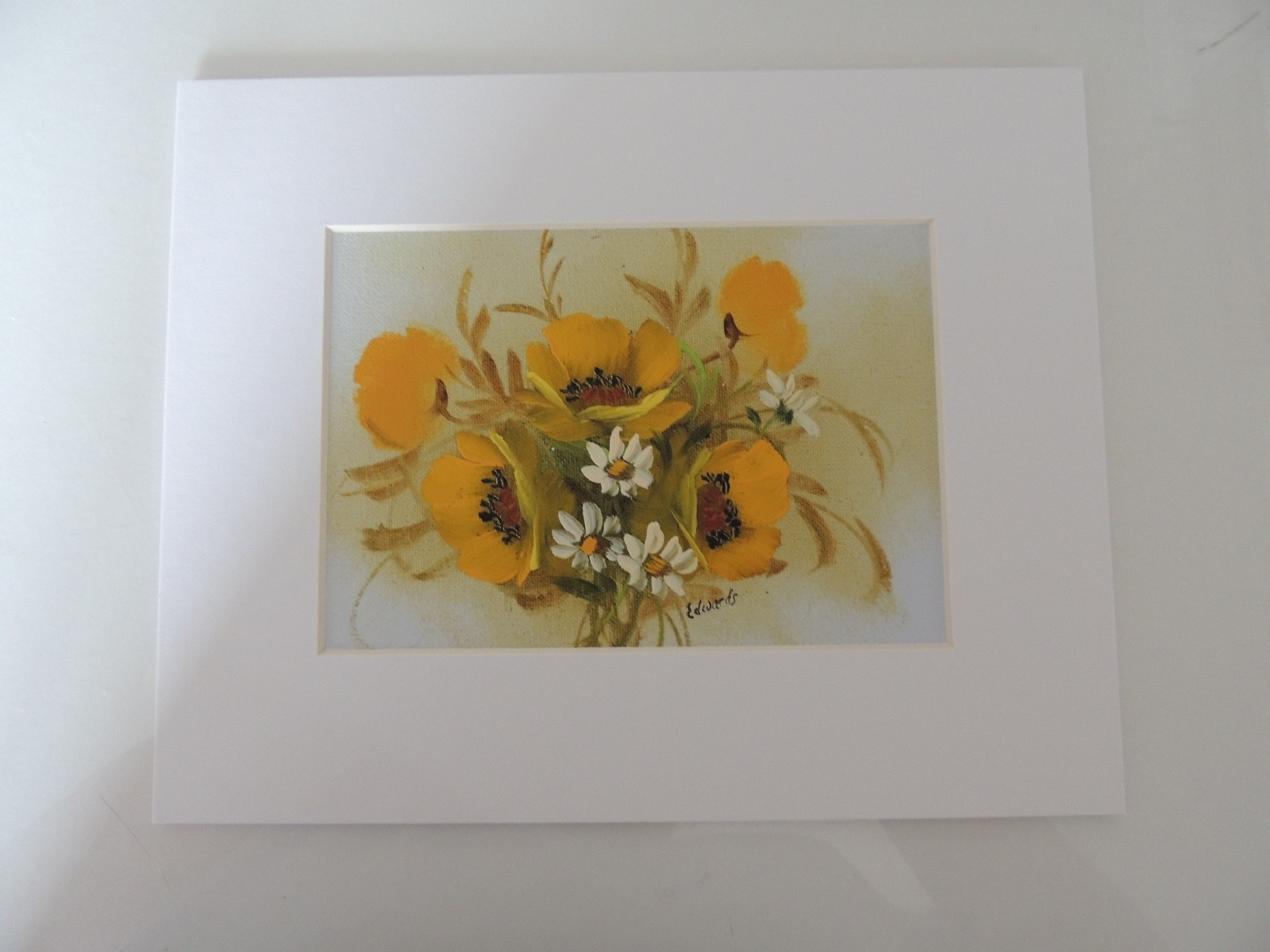 Bouquet of Yellow Flowers and White Daisies, Matted, signed by Edwards (AW039)