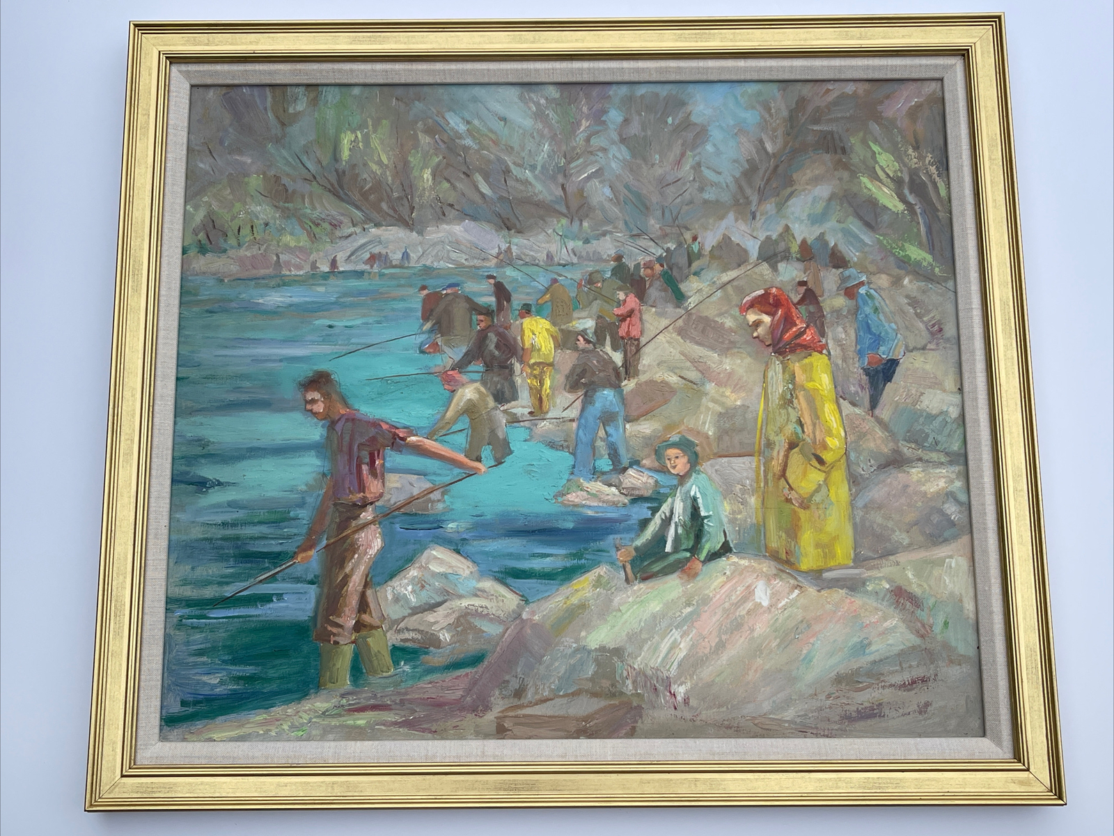 Fisherman painting people fishing mid century American Impressionism landscape