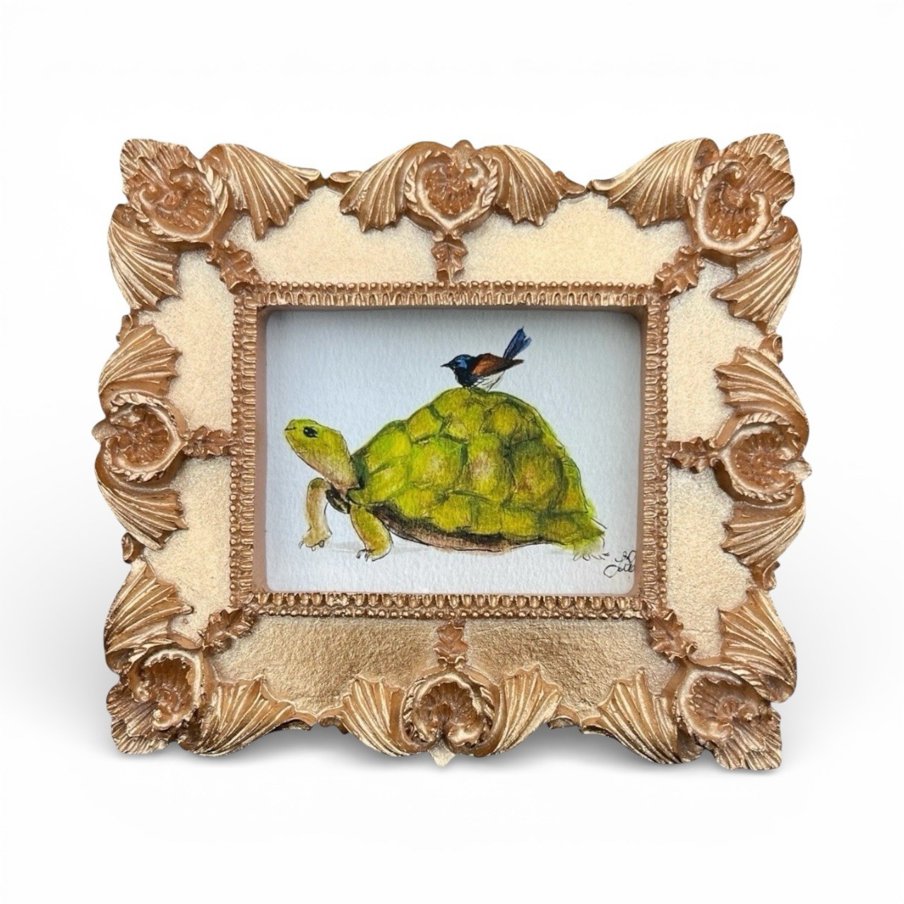 Turtle & Fairy Wren watercolor print of original painting in mini ornate frame
