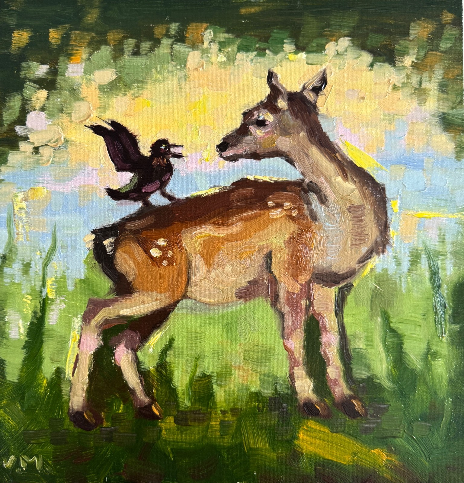 Deer Oil Painting Original Animal Pet Portrait Raven Impressionism Signed Art