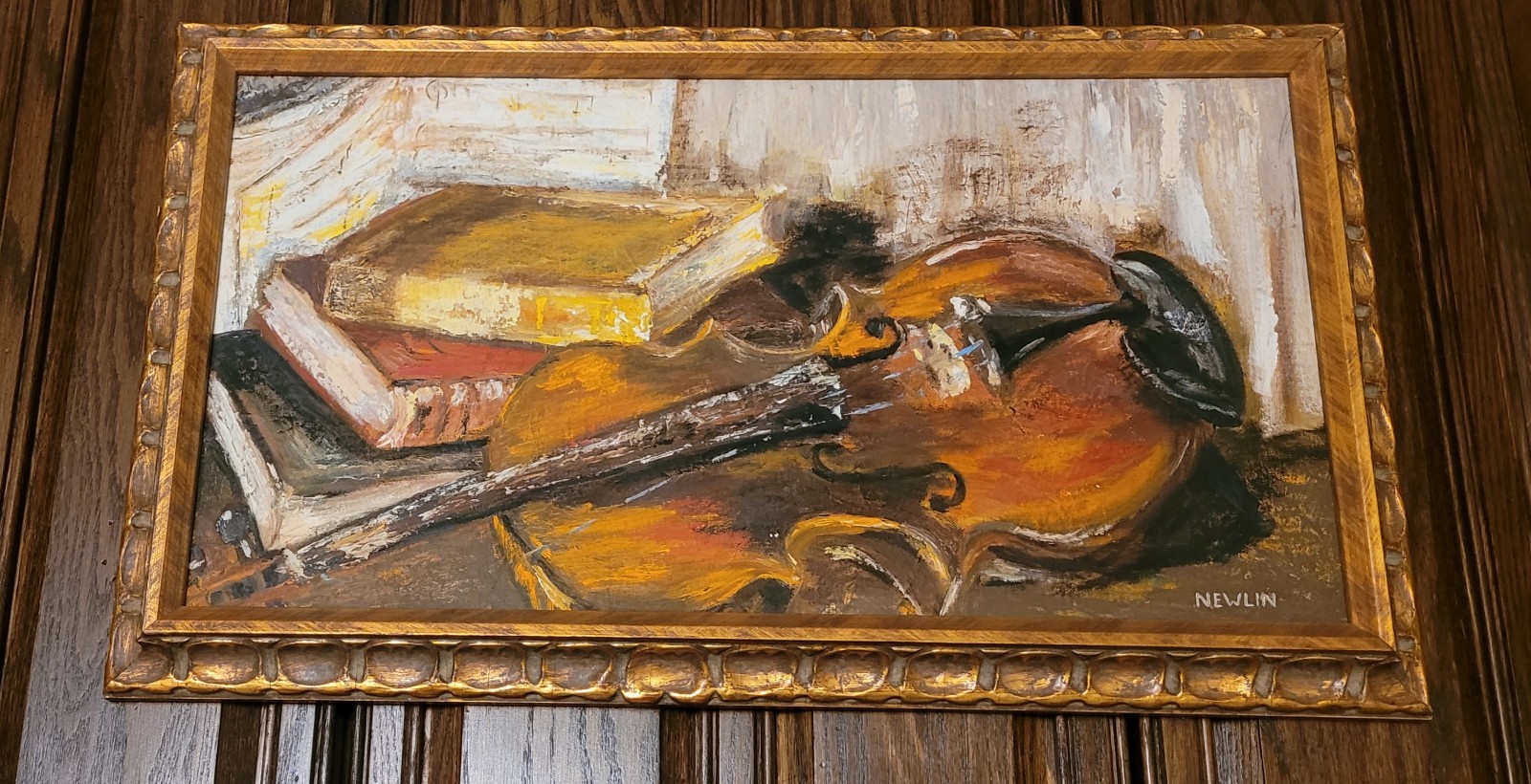 Original Signed Painting Violin Resting on Books, Scalloped Gilt Frame, Newlin