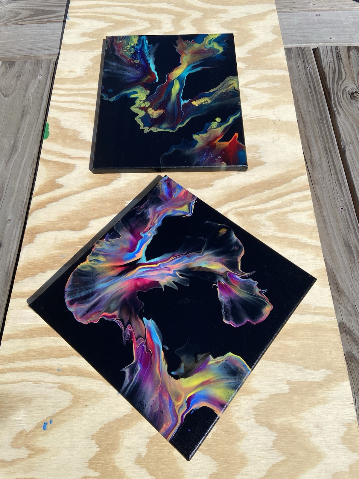 Acrylic Paint Pouring Art Canvas Abstract Painting Pair Of Two. 12×12” & 14×11”