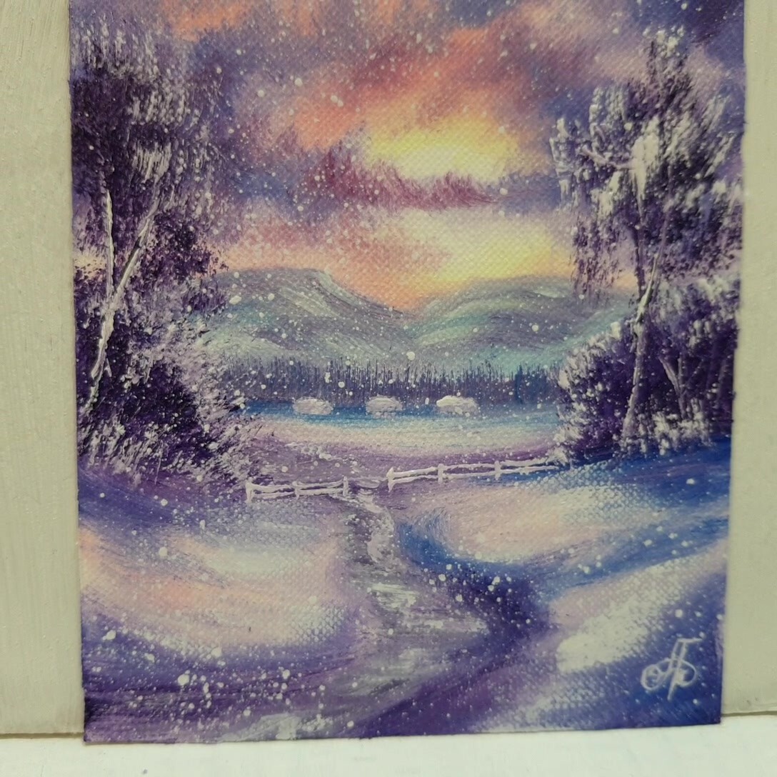 Winter Sunset Snowfall Landscape Cabins Mountains Path Holiday Decor Wall Art