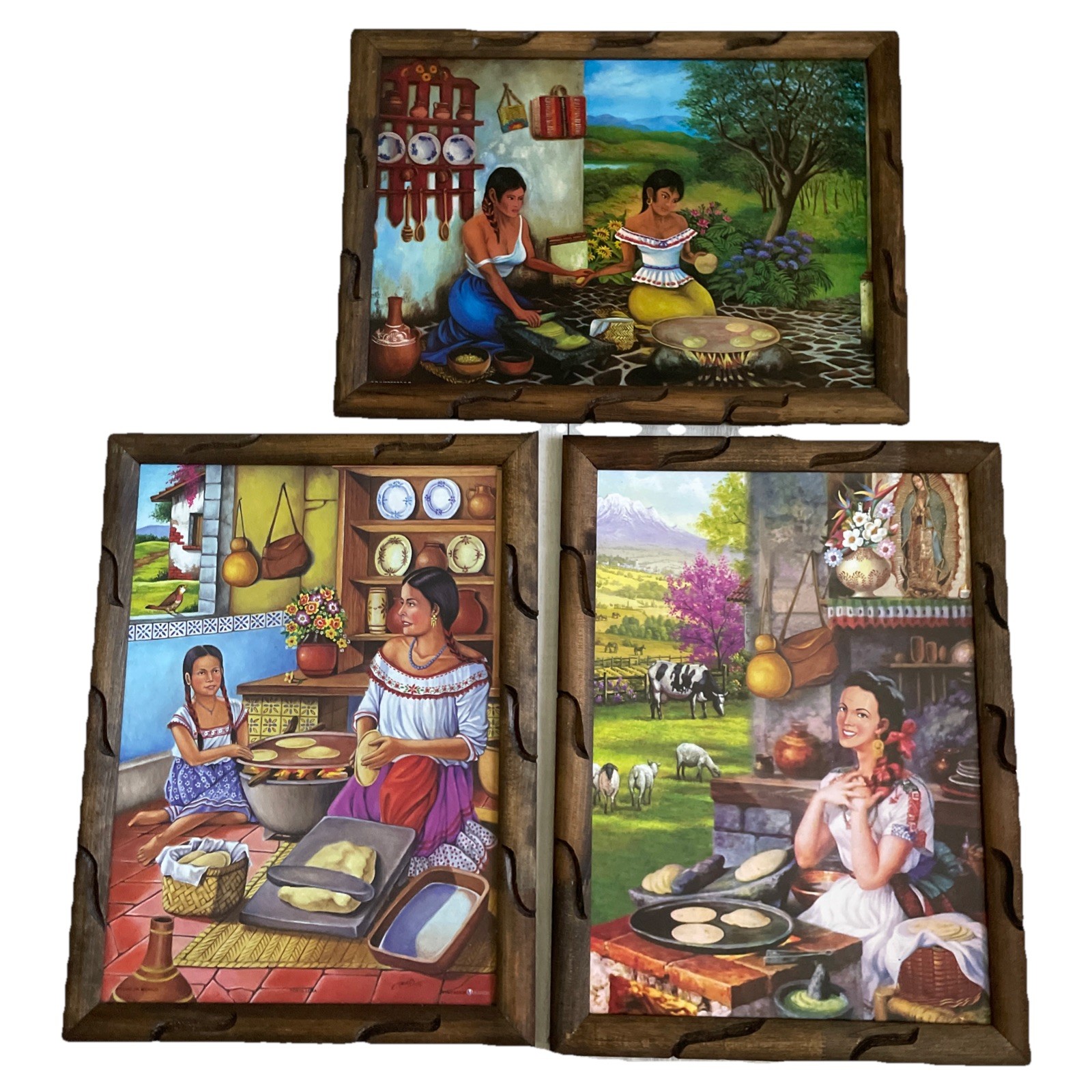 E.Tmaes set Of 3 Mexican Folk Art Vtg Framed Village Tortilla Landscape