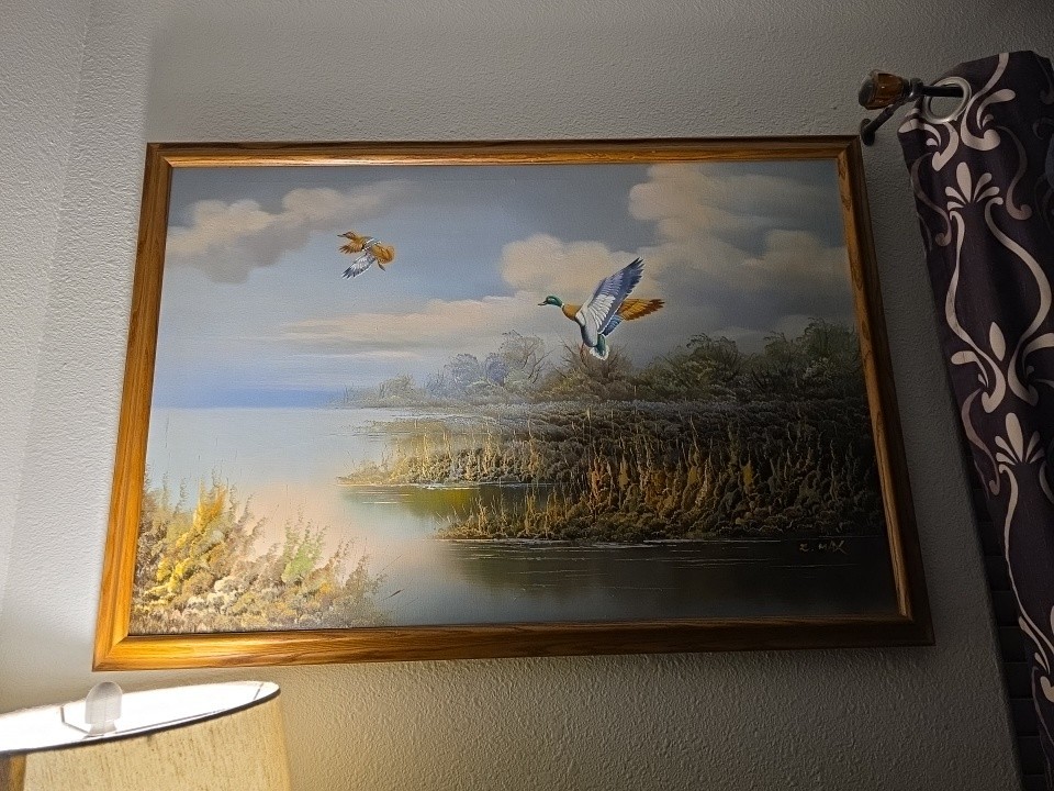 Framed Oil On Canvas Painting 2 Mallard Ducks Flying Winter Scene Signed – E Max