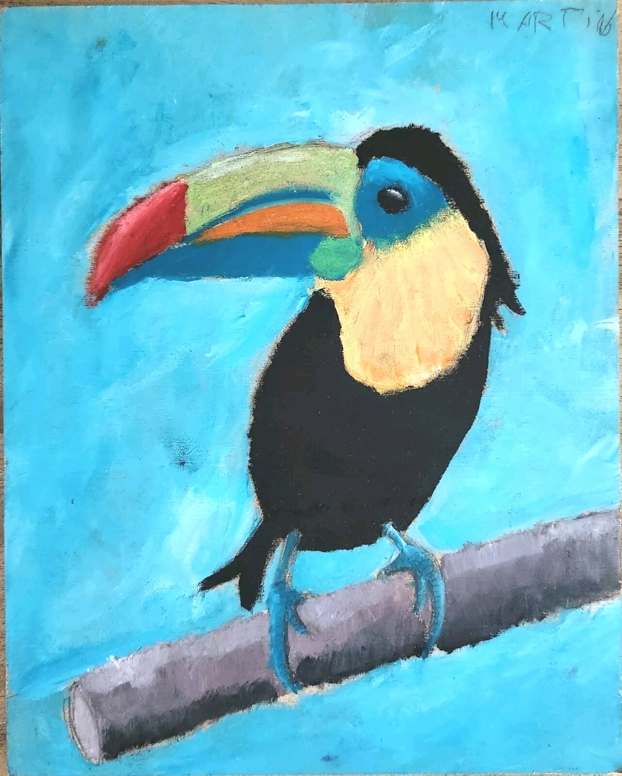 Colorful original Toucan bird painting on masonite board Signed