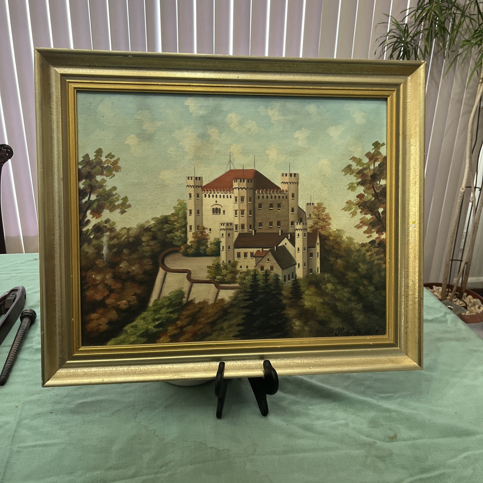 Vintage MCM 1965 Signed Oil Painting European Castle Landscape Framed