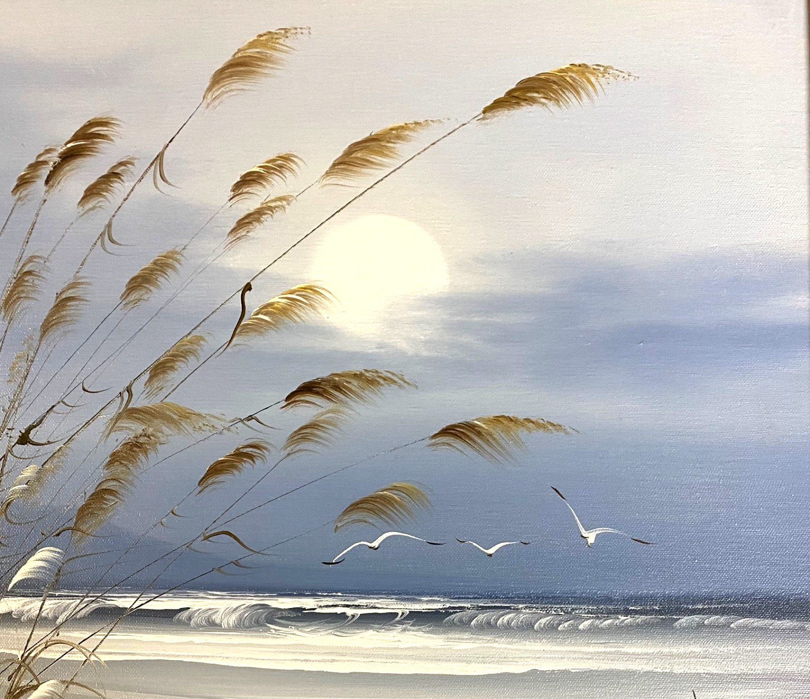 Vintage Painting Seashore Ocean Sandy Beach Landscape Original Art Framed 26×31