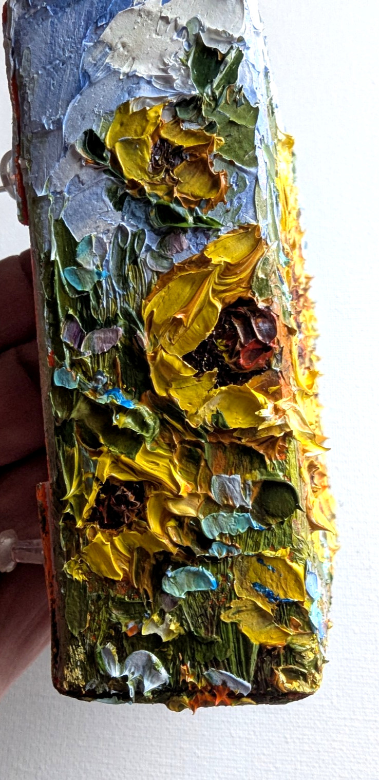ORIGINAL OIL impasto Painting «Sunflowers» 4″X4″ X 1.5″ by Olga Diduh.