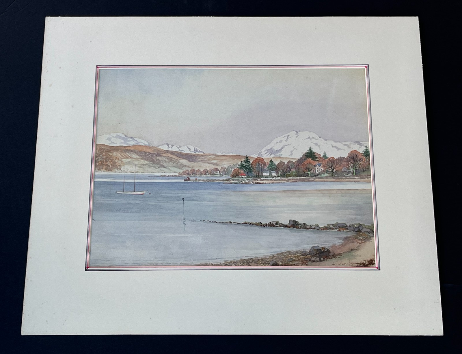Vintage «A River and Mountains» Original Watercolor Painting on Paper. Signed