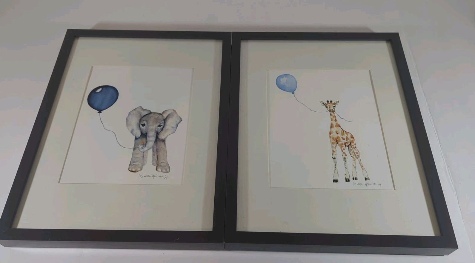 Framed Elephant & Giraffe Balloon Watercolor Prints Signed By Susan Knovich