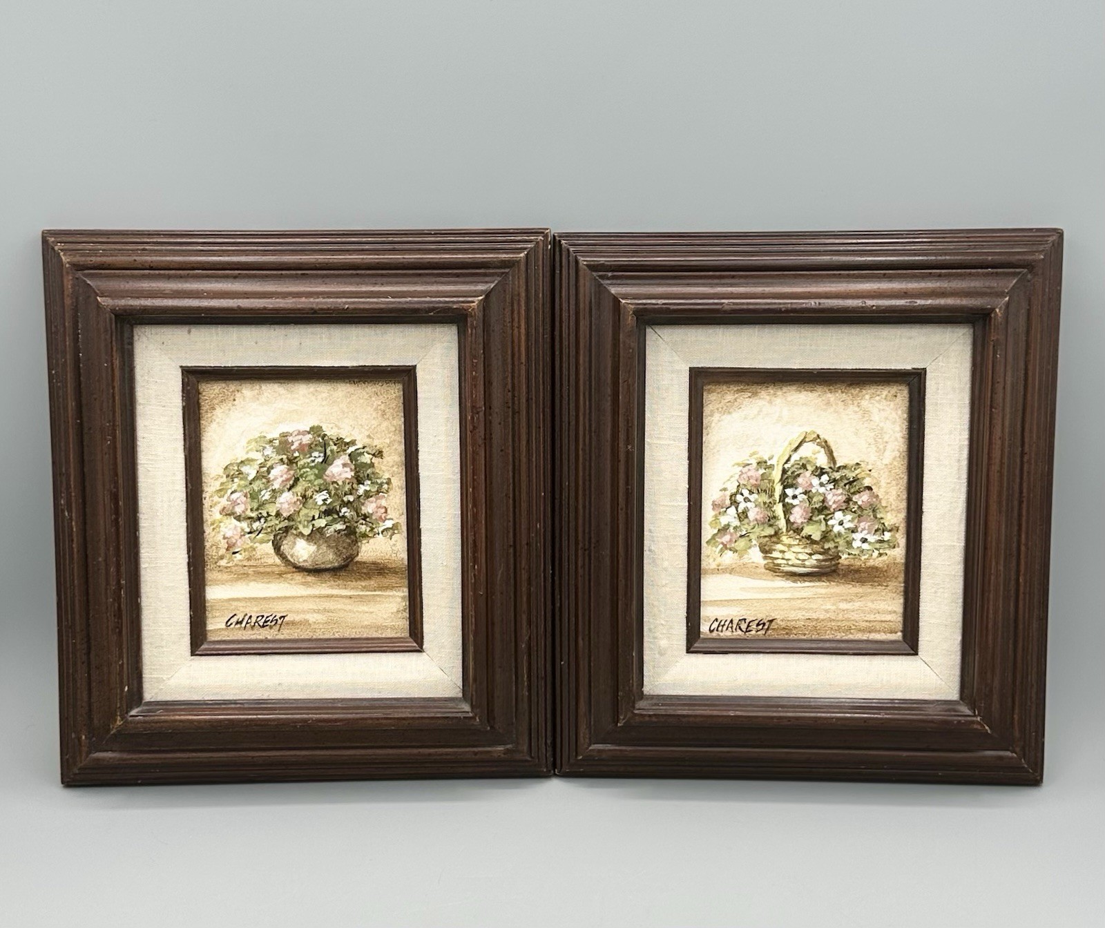 Vtg Impressionist Flowers Floral Still Life Painting Oil on Board Pair Signed