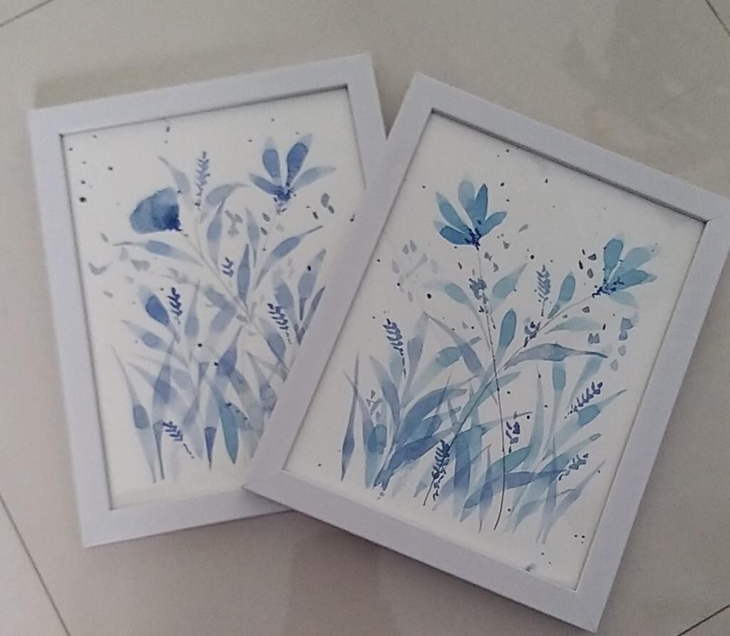 HOME DECOR original watercolor painting framed BLUE SET OF 2 (9.5 X 12 in.)