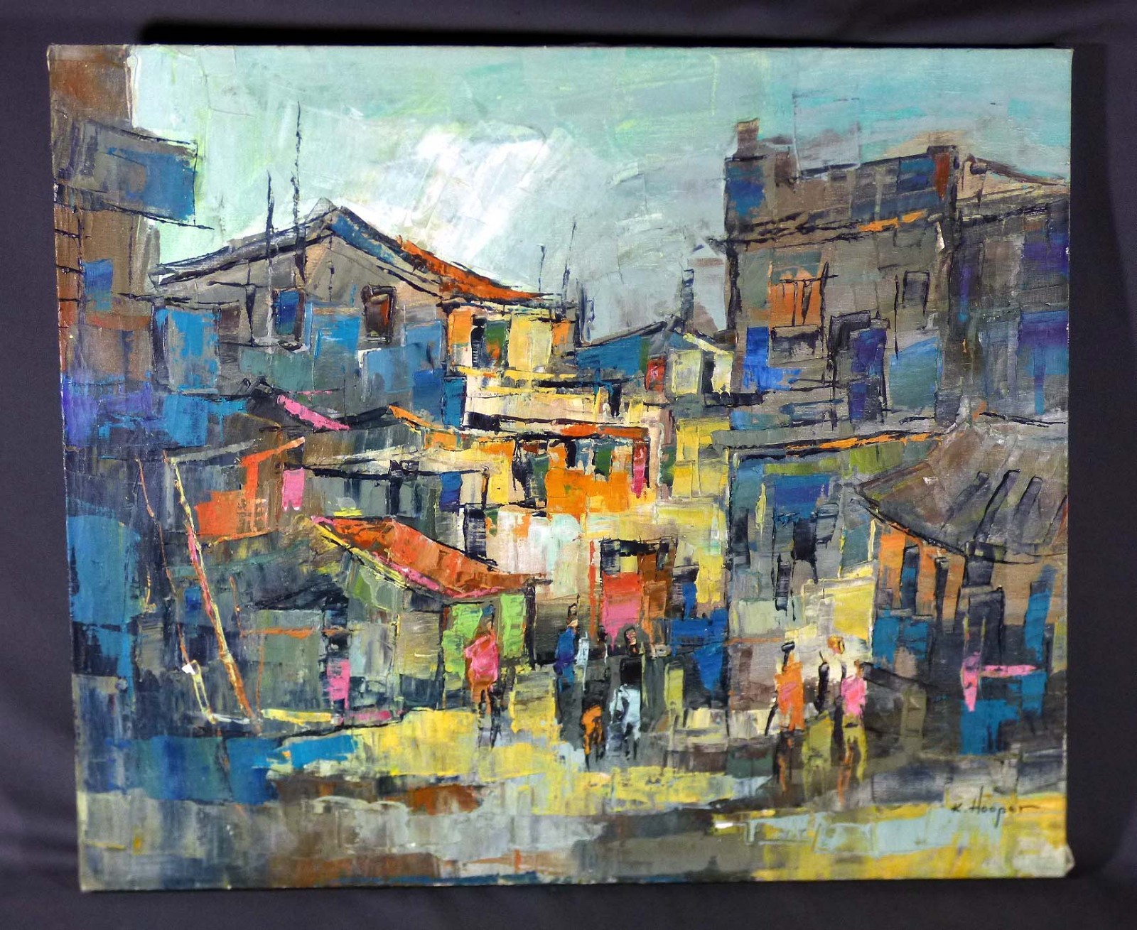 Mid Century Abstract Oil PAINTING Cityscape Palette Knife Rich Colors Signed