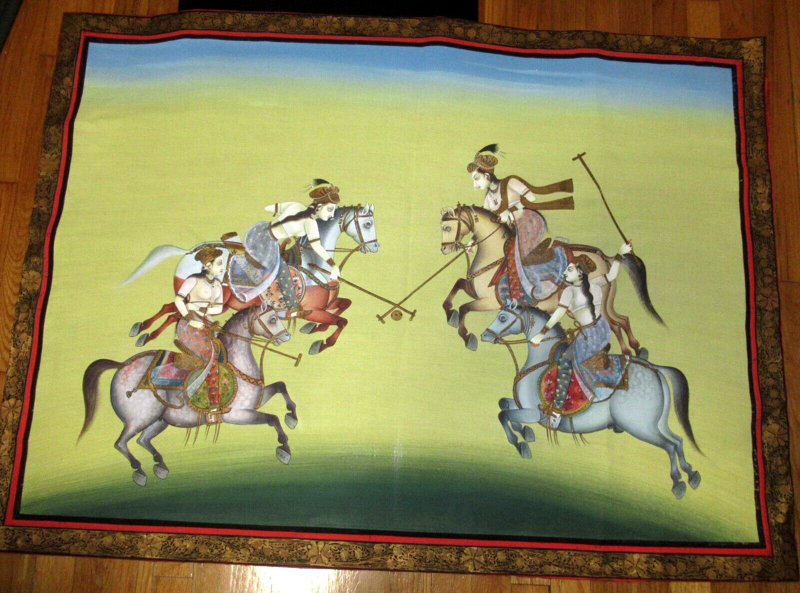 PEOPLE OF INDIA PLAYING POLO MATCH LARGE ORIGINAL WATERCOLOR ON SILK PAINTING